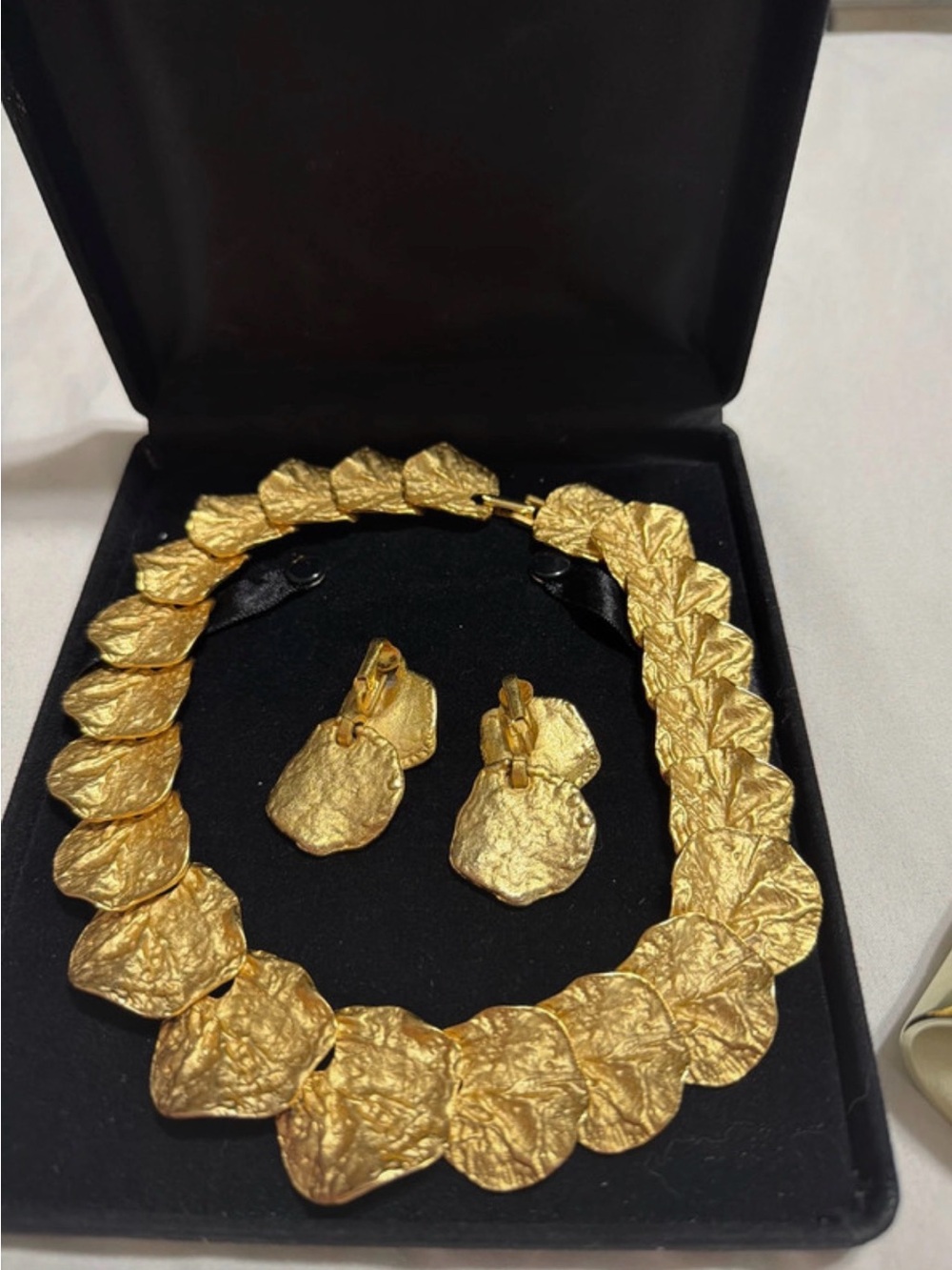 Vintage Textured Gold Statement Necklace & Clip-On Earrings Set